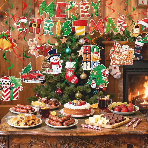 Vista 4 de Juego de decoración navideña: pancarta y remolinos colgantes, para el hogar, oficina, aula, decoración de fiesta de Navidad en interiores