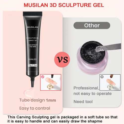 Vista 6 de MUSILAN Gel para esculpir uñas 3D con limas de cristal de cristal, gel constructor transparente para uñas, moldeo para esculpir esmalte de uñas