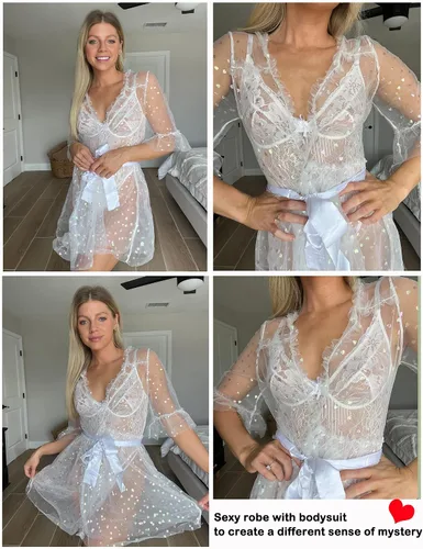 Vista 3 de Avidlove Bata corta para mujer, camisón de malla, babydoll lencería, talla L, Corazón de lámina blanca