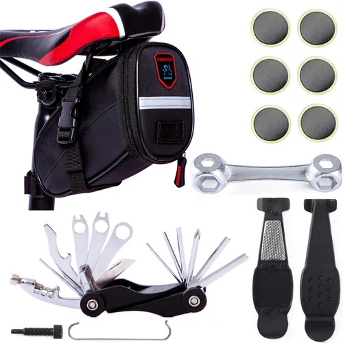 Vista 7 de YBEKI Kit de reparación de bicicleta 10 en 1 con palancas de neumáticos 3 en 1, parches sin pegamento, llave de hueso multifuncional y bolsa