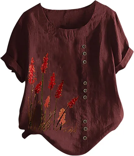 Vista 4 de Ceboyel Camisas de lino de algodón para mujer, blusas con estampado de diente de león, blusas de manga corta, estilo bohemio, ajuste holgado, ropa