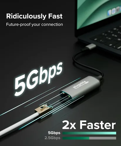Vista 3 de Plugable Adaptador USB-C a Ethernet de 5 Gbps, actualiza dispositivos USB-C sin Ethernet a redes cableadas estables ultrarrápidas