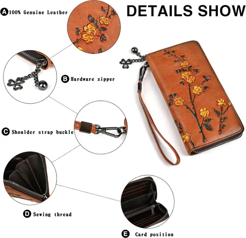 Vista 6 de Cartera de cuero con cremallera para mujer, estilo vintage, monedero de flores para mujer, Marrón, Estilo retro
