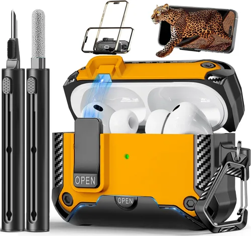 Vista 28 de Funda para AirPods Pro de 2ª Generación con Soporte para Teléfono, Protección Completa contra Caídas con Diseño de Interruptor Automático a Presión