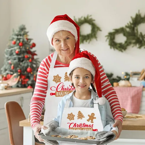 Vista 7 de Paquete de 2 delantales de Navidad a juego para niños y adultos, delantales de Navidad para panaderos, delantales de cocina blancos de Navidad con 2