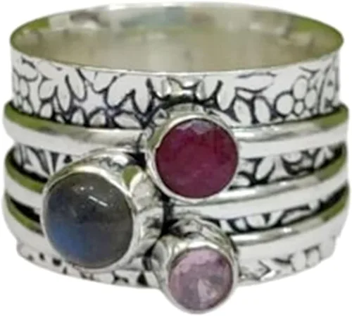 Vista 6 de Multi-Gemstone Spinner Ring for Women, 925 Sterling Silver Boho Meditation Band with Amethyst, Moonstone, Opal, Garnet, Gift for Her
