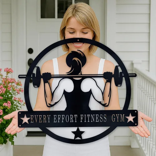 Vista 19 de Cartel de metal personalizado para gimnasio con nombre, arte de pared para sala de entrenamiento en casa, garaje, espacio de fitness, decoración