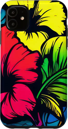 Vista 5 de Funda para iPhone 15 con diseño de flor de hibisco, diseño de graffiti botánico bohemio