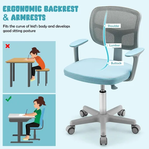 Vista 7 de GLACER Silla de escritorio para niños, silla de estudio giratoria de malla ajustable con ruedas, brazos, silla ergonómica para computadora con Azul