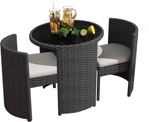 Vista 2 de Juego de 3 piezas de mimbre para exteriores, muebles de patio que ahorran espacio con mesa de ratán para césped, jardín, piscina, balcón, sin