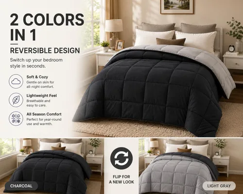 Vista 3 de EVOLIVE - Edredón reversible de microfibra, tamaño matrimonial/queen (negro/gris) Soft brushed microfiber with down-alternative fill offers