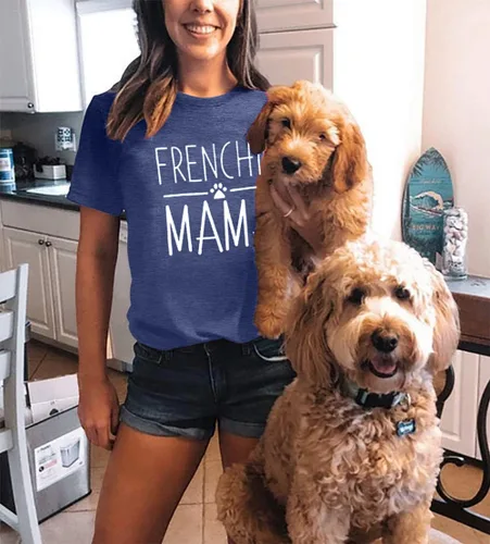 Vista 24 de Camiseta de manga corta con texto en inglés «Frenchie Mama», con estampado de letras para mujer, estilo casual