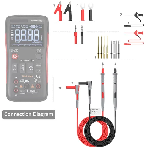 Vista 2 de Kit de cables de prueba múltiple Proster - Cable de prueba de multímetro eléctrico con pinzas de caimán, sonda de prueba, agarre de resorte, enchufe