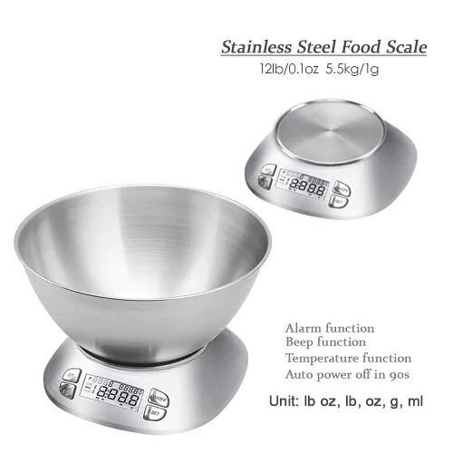 Vista 4 de Báscula digital de cocina con cuenco extraíble de 2.5 L, báscula electrónica de alimentos de acero inoxidable para cocinar hornear, temperatura