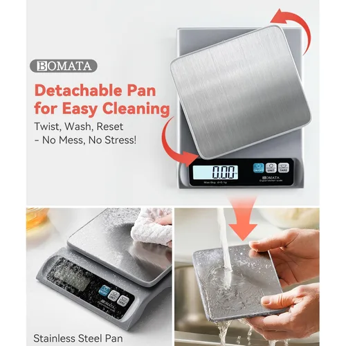 Vista 3 de BOMATA Báscula de alimentos de 0.00 oz/ 13 libras, báscula digital de cocina con bandeja de acero inoxidable extraíble, pantalla LCD retroiluminada