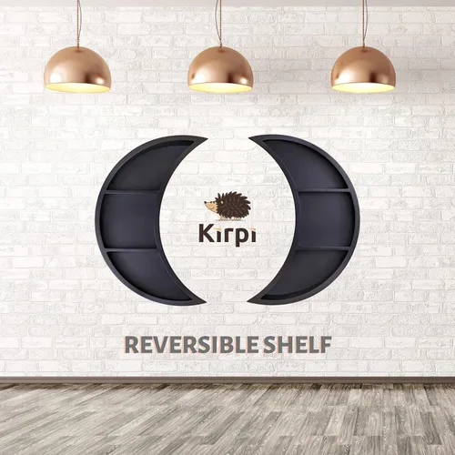 Vista 4 de Kirpi Estante original de luna negra para cristales, decoración de pared de Halloween, estante flotante de madera de luna, estantes flotantes