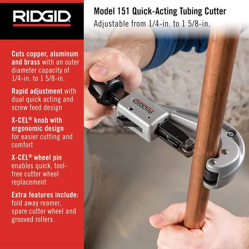 Vista 3 de RIDGID 31632 Modelo 151 Cortador de tubos de acción rápida con capacidad de corte de 1/4"-1-5/8", negro plateado y cortador de tubos de cuartos