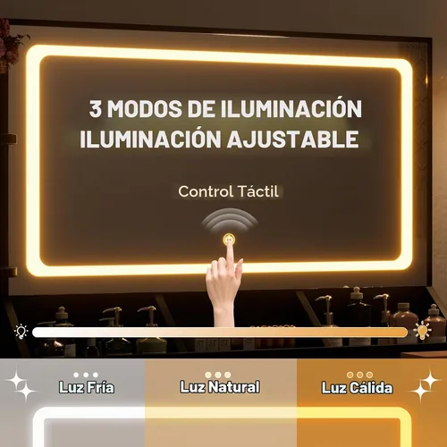 Vista 3 de Furmax Escritorio de tocador con espejo, tocador en forma de L, espejo iluminado con LED, con toma de corriente y 3 estantes de almacenamiento, mesa