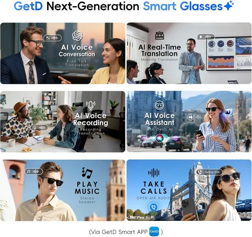 Vista 7 de GetD Lentes inteligentes de acetato 2026, ChatGPT y traductor en tiempo real de 145 idiomas, gafas Bluetooth con lente transparente, duración