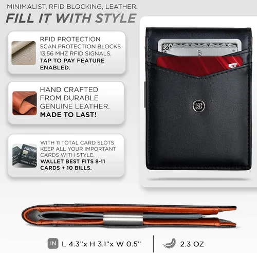 Vista 17 de Suavell Billeteras delgadas de cuero para hombres. Cartera con clip para dinero. Cartera de perfil bajo RFID Cartera minimalista