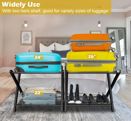 Vista 2 de mocomax Paquete de 1 portaequipajes plegable para habitación de invitados, soporte plegable para maleta con estante de almacenamiento de metal