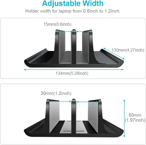 Vista 3 de Vaydeer Soporte vertical doble ajustable para computadora portátil, nuevo diseño, 2 ranuras de aluminio, soporte doble para Negro