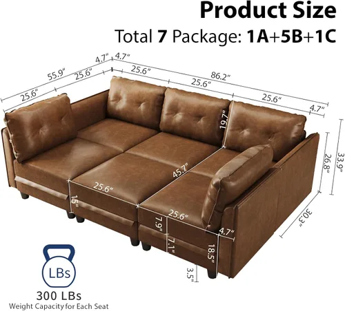 Vista 2 de LLappuil Sofá cama modular modular con almacenamiento, sofás de piel sintética de 6 plazas para sala de estar, color marrón