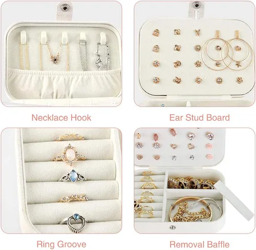 Vista 5 de DREAMGLAMOUR Joyería de viaje caja de viaje de doble capa joyero de viaje regalo para mujeres niñas con 6 pulseras de regalo collar aretes anillos