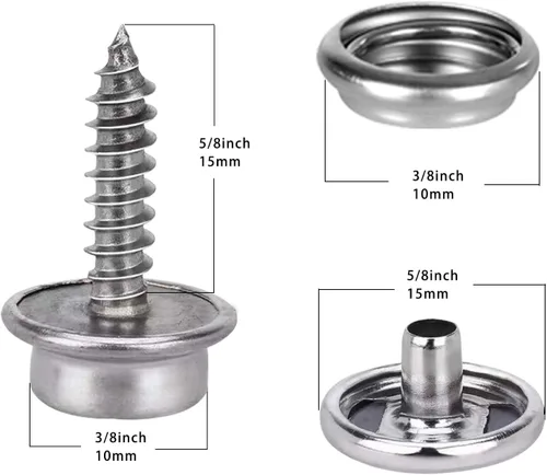 Vista 2 de Kit de 150 broches de lona de 0.59 pulgadas, botones a presión de base de acero inoxidable resistente con tornillos, kit de broches de grado marino
