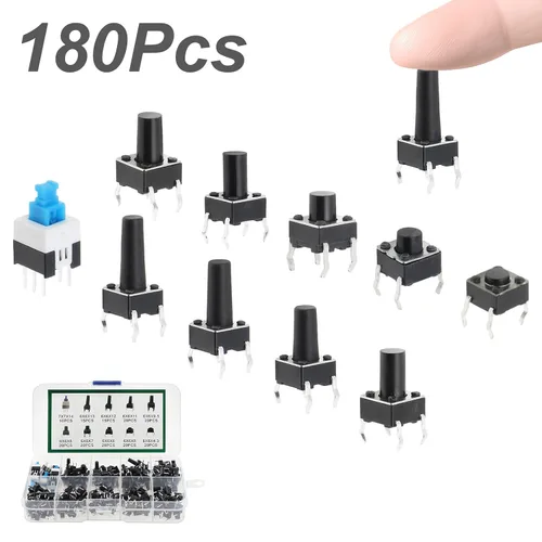 Vista 2 de Interruptor táctil de botón pulsador micro momentáneo interruptor 10 valores 0.236x0.236 in 4 pines 180 piezas kit surtido interruptores pulsadores