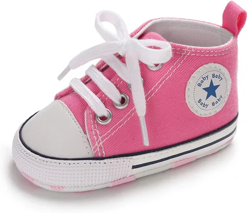 Vista 8 de Zapatos de bebé para niñas o niños suaves suela antideslizante para recién nacidos y primeros pasos de estrella tenis caña alta de lona mezclilla