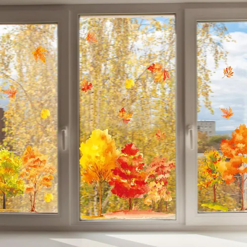 Vista 6 de KALEFO 38 calcomanías para ventana de otoño, Acción de Gracias, otoño, árbol, hojas de arce amarillas, calcomanías para ventana, calcomanías
