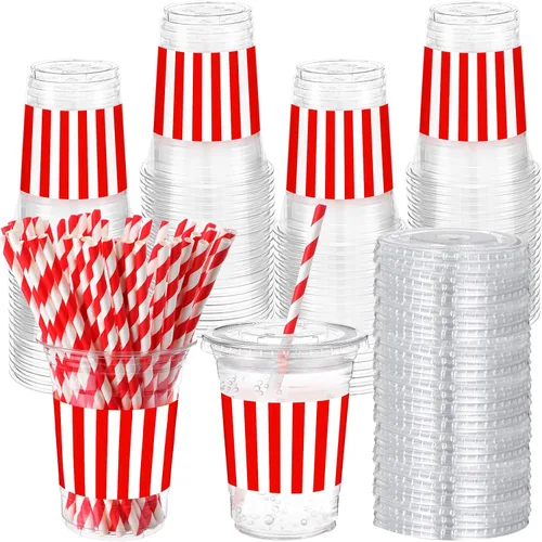 Vista 18 de Sliner 50 juegos de vasos de plástico a cuadros de 16 onzas con tapas y pajitas de papel, vasos desechables transparentes para fiesta de autos