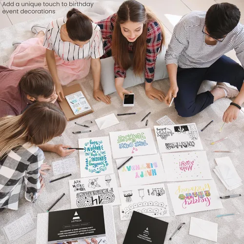 Vista 3 de ARTEZA Kit de caligrafía y letras – Juego para principiantes con marcadores de alcohol, bolígrafos de pincel, papel y herramientas para letras a