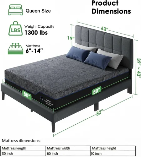 Vista 2 de Marsail Juego de base de cama y colchón tamaño Queen con cabecera tapizada ajustable y colchón de espuma viscoelástica de 10 pulgadas, resistente