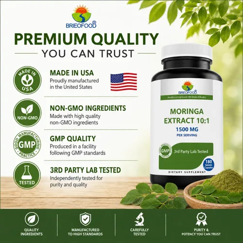 Vista 7 de Extracto de Moringa Oleifera 10:1 1500 mg - 180 cápsulas - Suplemento sin OMG y sin gluten - Superalimento verde de hoja de moringa