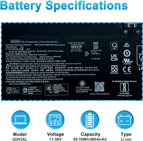 Vista 2 de GD03XL N66215-005 - Batería de repuesto para laptop HP Envy x360 14 2 en 1 14-fa0000 / OmniBook X 14 / EliteBook Ultra G1q Series GD03059XL
