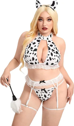 Vista 2 de WDIRARA Conjunto de lencería con estampado de vaca de 6 piezas para mujer, conjunto de brasier y bragas con corte de encaje