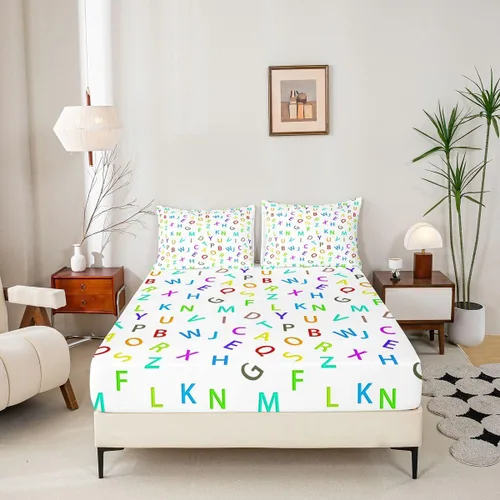 Vista 6 de Feelyou Juego de ropa de cama con alfabeto 3D, juego de sábanas coloridas del alfabeto inglés para niños y adultos, sábanas de dibujos animados