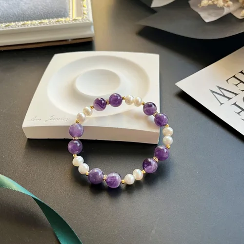 Vista 5 de Cristal ámbar Pulsera elástica de cuentas de cristal de oro de 14 quilates para mujer, Gema, cristal