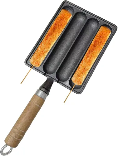 Vista 6 de Ollas de salchichas a la parrilla, sartenes de salchicha de hierro fundido, sartén de cocción de salchichas con diseño de brocheta múltiple