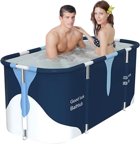 Vista 8 de Bañera plegable portátil extra grande de 55 pulgadas con marco de metal para baño de adultos, bañera plegable de spa para cabina de ducha, baño