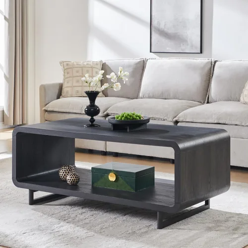 Vista 8 de IFGET Mesa de Centro Moderna de 48", Mesa Central Minimalista de 2 Niveles con Estante de Almacenamiento, Diseño de Perfil Curvo, Mesa Rectangular