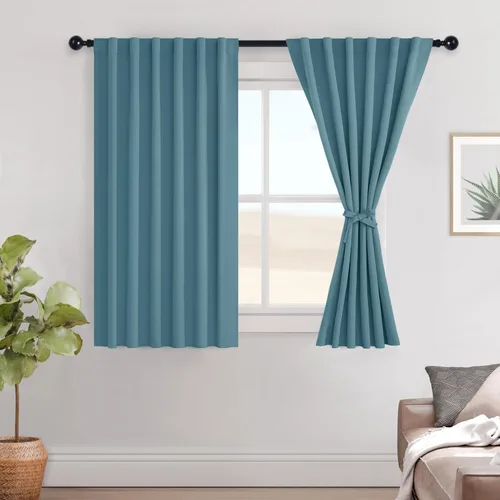 Vista 50 de Hiasan Cortinas opacas negras para dormitorio, cortinas opacas cortas de 45 pulgadas de largo, con aislamiento térmico, bolsillo para barra