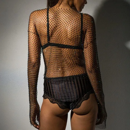 Vista 8 de Fstrend Cadena de malla de cristal con diamantes de imitación, parte superior corta negra, manga larga, bikini transparente, A