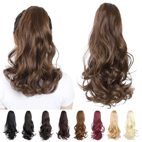 Vista 10 de Extensiones de cola de caballo, extensiones de cabello de cola de caballo con clip de garra marrón oscuro para mujer, pieza de cabello rizado
