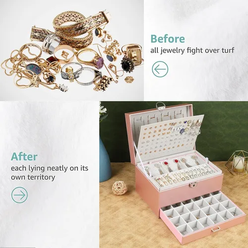 Vista 6 de BOOVO Joyero de pendientes para mujeres y niñas, organizador de joyas de 5 capas con candado, organizador de aretes, collar y anillos, caja