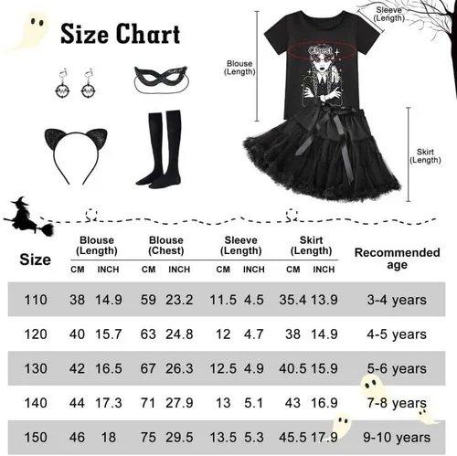 Vista 6 de Wednesday Addams - Vestido de disfraz para niños y niñas, cosplay, fiesta de Halloween, conjunto de disfraces con aretes y calcetines
