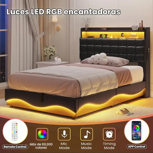 Vista 3 de ADORNEVE Marco de Cama Individual con Almacenamiento Elevable con Estación de Carga Tipo C y Cabecera con Almacenamiento Oculto, Cama de Plataforma