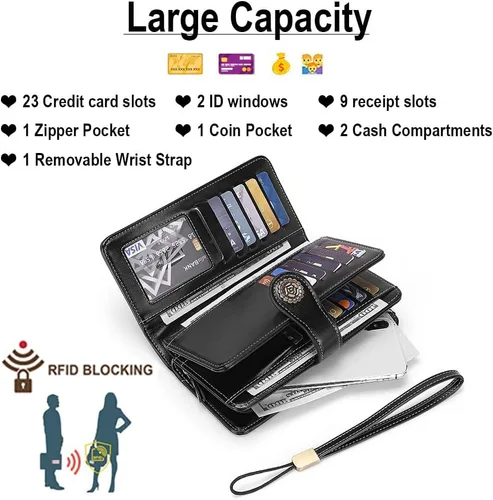 Vista 3 de Cartera de cuero para mujer, de gran capacidad, bolso de mano con bloqueo RFID, tarjetero con ventana de identificación, Negro